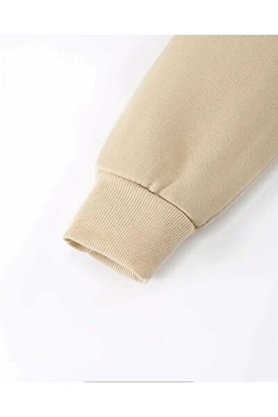 caddekombin Man Struggles Printed Hooded Beige Sweatshirt with Pocket and Wool Inside