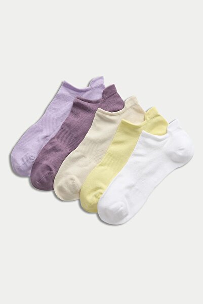 Marks & Spencer , Set of ankle socks - 5 pairs, White, Yellow, Violet, 3-5