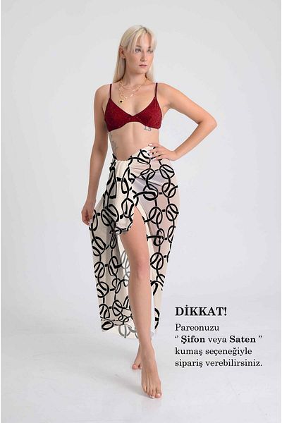 DESENİX Beige Beach Dress with Black Geometric Pattern |   100X145Cm |   Chiffon & Luxury Satin Fabric Options