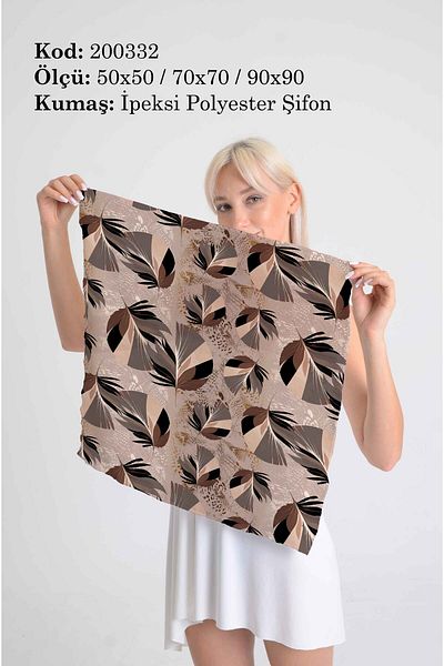 DESENİX وشاح منقوش بأوراق استوائية باللون البيج |   طبيعي |   50x50 - 70x70 - 90x90 |   شيفون بوليستر حريري