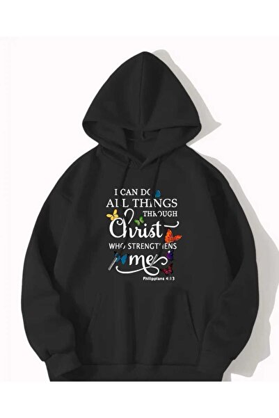 caddekombin Μαύρο φούτερ με κουκούλα Christ Me με τσέπη και επένδυση από μαλλί