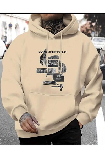 caddekombin Hanorac cu glugă cu imprimeu Man Struggles, cu buzunare, cu interior din lână, bej