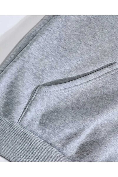 caddekombin Palmiye Yaprağı Baskılı Kapüşonlu Cepli Pamuklu Gri Sweatshirt