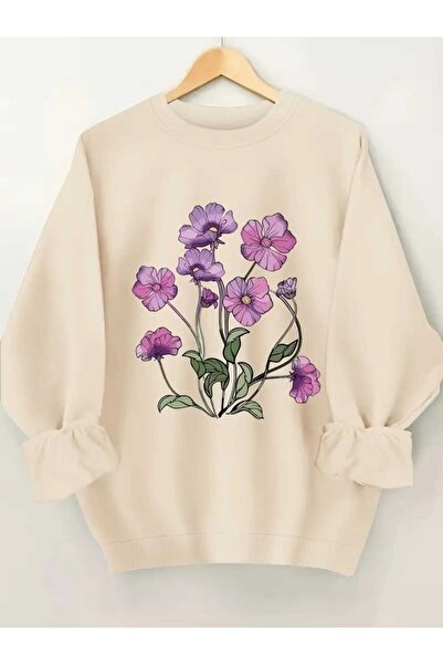 caddekombin Μπεζ φούτερ με στάμπα μωβ βιολετί με λαιμόκοψη