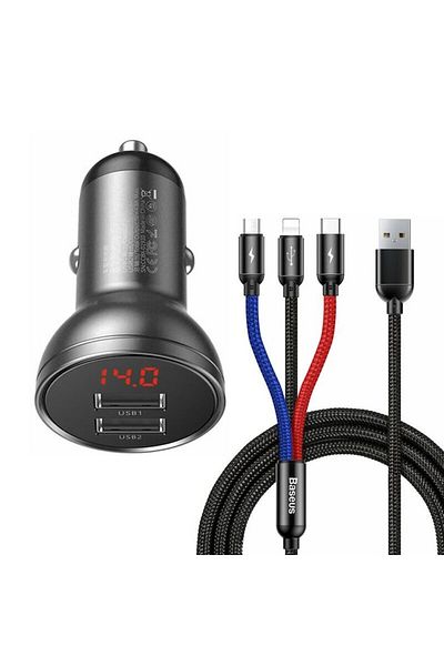 Dali Încărcător auto, 2xUSB A, Cablu 3 în 1 USB A la Micro-USB, USB Tip-C și Lightning, Afișaj digital, 24W,