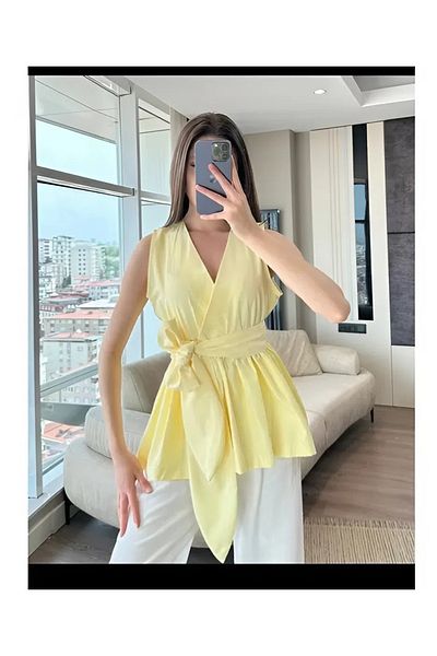 sportiness V-Neck Belted Ruffled Trendy Tericotton Fabric Blouse