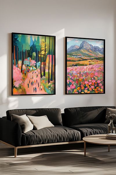 STARYUNA Set de 2 picturi cu efect de vopsea în ulei, cadru din lemn negru Yuna78