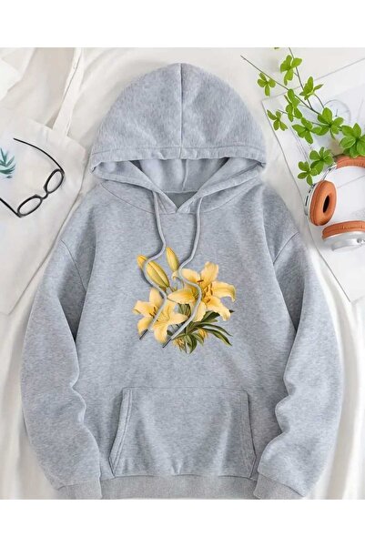 caddekombin Γκρι φούτερ με κουκούλα και τσέπες με στάμπα Yellow Lily