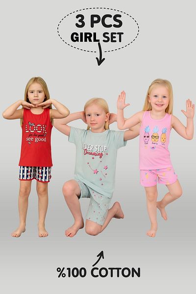 vitmo Girl's 3-Piece 100% Cotton Pajama Set for 1-2-3 Years Old Model:129
