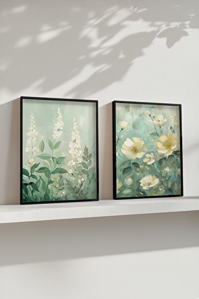 STARYUNA Set de 2 picturi cu efect de vopsea în ulei, flori, cadru din lemn n...