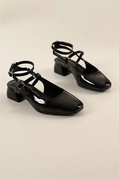 Firibu Square Toe Double Belt Ankle Strap Open Back Short Heeled Shoes Mary Jane