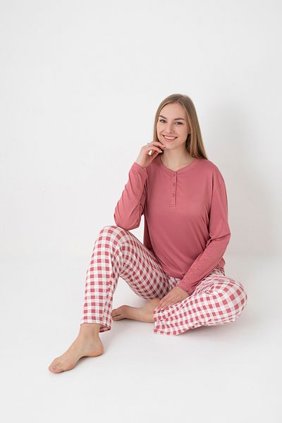 DOFİ Women's Dusty Rose Patchwork Pajama Set – Long Sleeve, Plaid Bottom