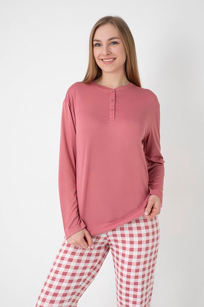 DOFİ Women's Dusty Rose Patchwork Pajama Set – Long Sleeve, Plaid Bottom