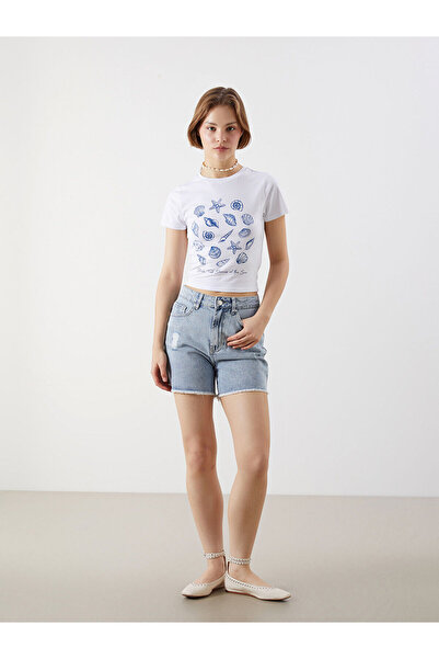 LC Waikiki Shorts de damă din denim cu detaliu rupt, cu croiala strânsă, Vizy...