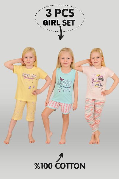 vitmo Girl's 3-Piece 100% Cotton Pajama Set for 4-5-6 Years Old Model:127