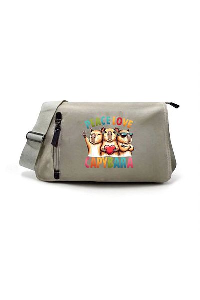 DEEFWEAR Beige Cool Peace Love Capybara Printed Back to School Messenger Bag