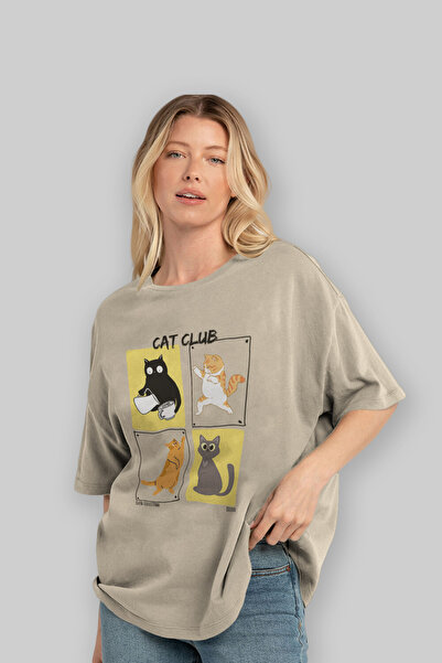 Ankhises Cat Club μπροστινό εμπριμέ μπλουζάκι Oversize Ανδρικό Γυναικείο 100% βαμβακερό μπλουζάκι Crew Neck