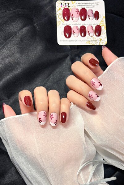 Easy Beauty Kısa Bordo French Takma Tırnak 24 Adet Takma Tırnak Seti W1771