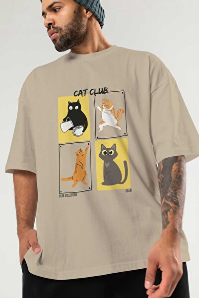 Ankhises Cat Club μπροστινό εμπριμέ μπλουζάκι Oversize Ανδρικό Γυναικείο 100% βαμβακερό μπλουζάκι Crew Neck