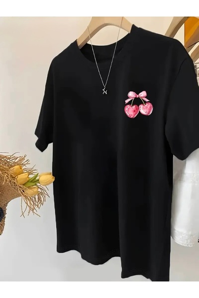 FUFLUNS Pink Cherry Printed Oversize Crew Neck T-Shirt