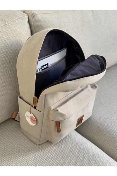 BAGLOVİS Canvas Fabric Beige Backpack with Pockets on the Front and Sides En35 Boy45