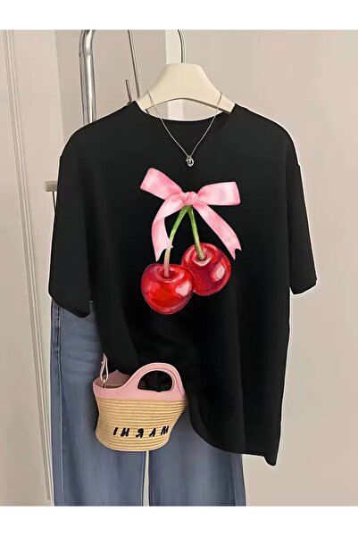 FUFLUNS تي شيرت برقبة دائرية كبيرة الحجم مطبوع عليه شريط الكرز