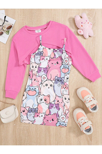 DLRboutique Çocuk Ayıcık Baskı Elbise Crop Sweat Kombin