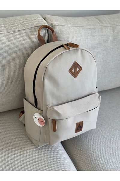 BAGLOVİS Canvas Fabric Beige Backpack with Pockets on the Front and Sides En35 Boy45