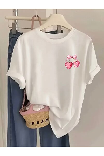 FUFLUNS تي شيرت برقبة دائرية كبيرة الحجم مطبوع عليه الكرز الوردي