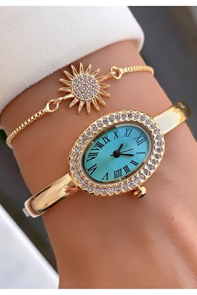 Merand Gold Color Green Dial Oval Crystal Bracelet Watch – Elegant and Vintage Style