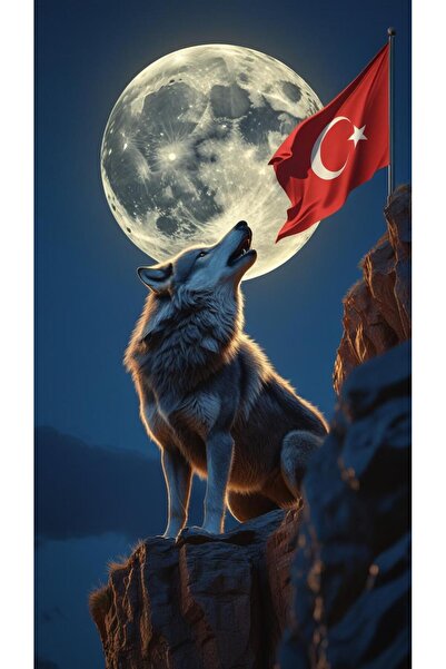 mivora Kurt ve Ay Temalı Türk Bayraklı Kanvas Tablo - Dikey