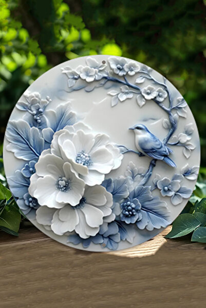 kutuTR 🌸 Mavi Kuşlu Çiçek Kabartmalı UV Baskılı 3D GÜRÜNÜMLÜ MDF Duvar Süsü ...
