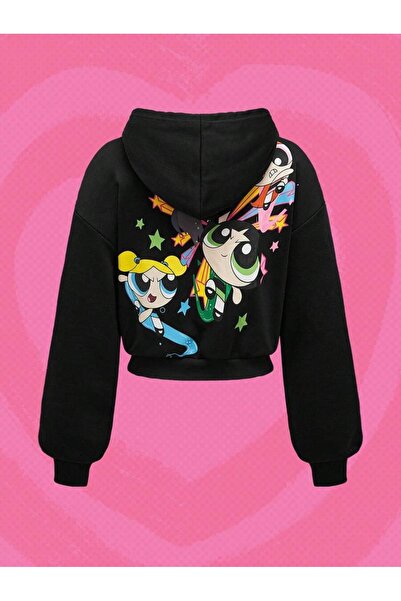 OVER HEAD Jachetă crop cardigan pentru femei, neagră, Power Puff Girls cu imp...