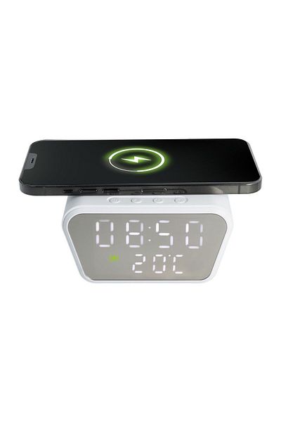 JollyMag Incarcator Wireless, Fast Charging cu Ceas Digital si Termometru incorporat, 11 x 8 x 6.5 cm, Alb