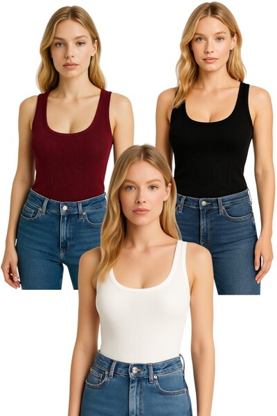 KHAB PREMİUM 3-Piece Thick Strap Ribbed Basic Women's Body Undershirt