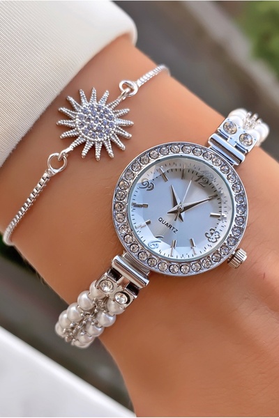 Merand Women's Pearl Detailed Stone Wristwatch & Sun Figured Bracelet Combination Set – Silver