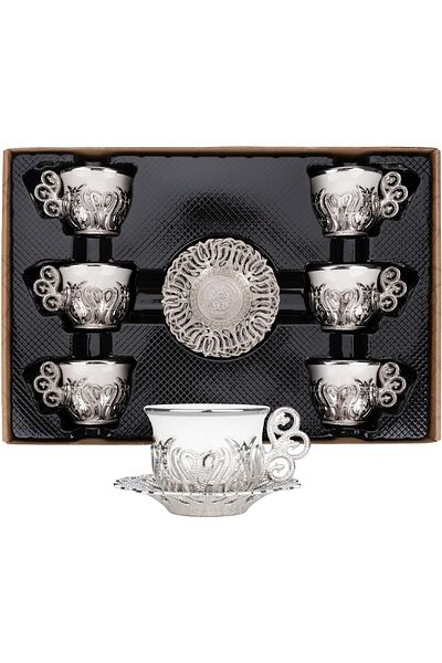 E orient Turkish Coffee Cup Set, Turkish Motif White Porcelain and Zinc Metal, 6 Cups and Saucers (Silver)