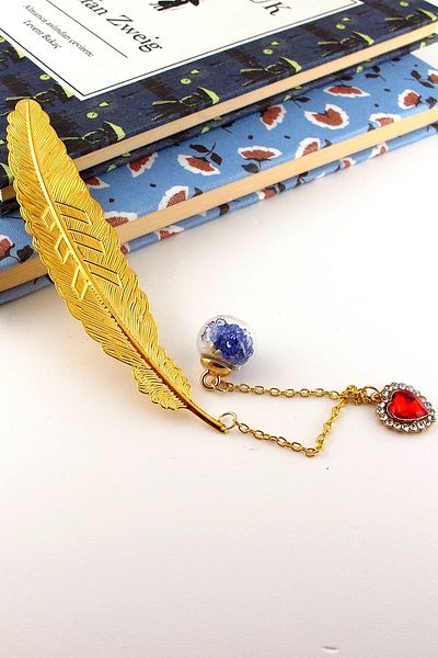 Solfera Hokka Luck Feather Flower Sphere Semn de carte cu lanț Semn de carte metalic AY070