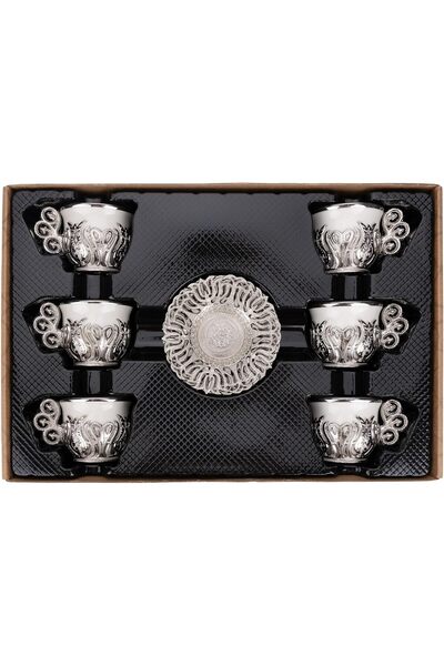 E orient Turkish Coffee Cup Set, Turkish Motif White Porcelain and Zinc Metal, 6 Cups and Saucers (Silver)