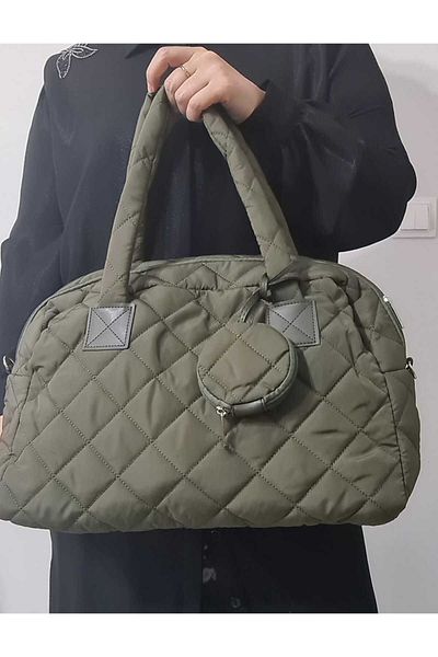glowfit Women's Khaki Quilted Patterned Wallet Detailed Large Puff Shoulder Bag Hand and Crossbody Bag