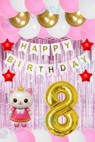 Party City 8 Year Old Girl's Birthday Set – Hello Kitty Themed Balloon and Background Decoration