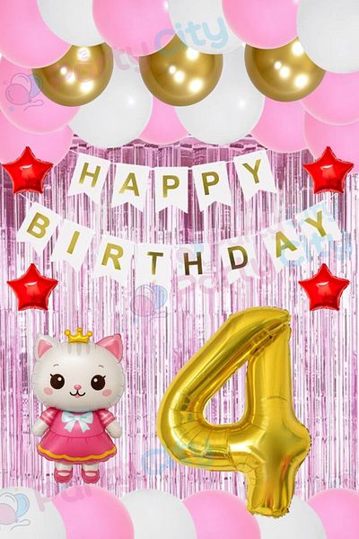 Party City Set de aniversare pentru fetiță de 4 ani – balon tematic Hello Kitty și decor de fundal