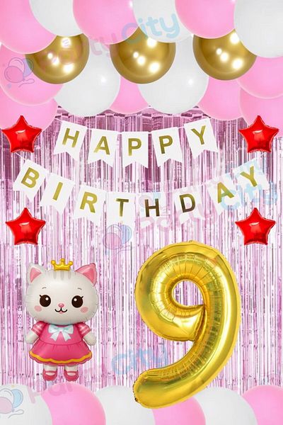 Party City 9 Year Old Girl Birthday Set – Hello Kitty Themed Balloon and Background Decoration