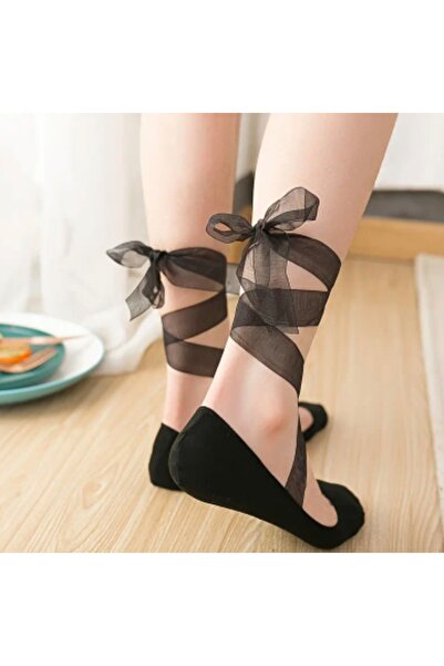 Rumeos Jewelry Siyah, Kurdelalı Plates Çorabı, İnce Çorap, Bambu Kısa Çorap