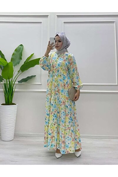 Butik tesettür mango kumaş çiçek detaylı elbise