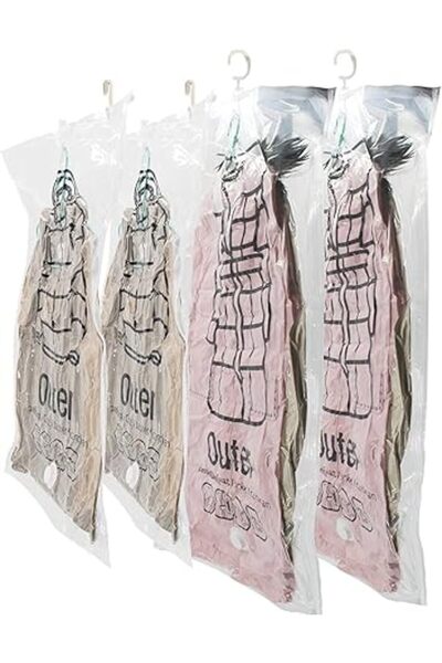 The Bros عبوة من 4 أكياس تخزين مفرغة من الهواء مع شماعات - قطعتان 67×90 سم وق...