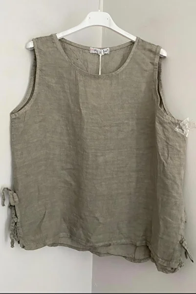 AYASOFYA OTANTIK Women's Italian Mink Round Neck Plain Pattern Sleeveless Zero Sleeve Loose Linen Blouse