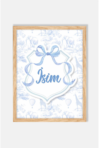neşeli günlerim İsme Özel Mavi Fiyonklu Safari Ahşap Çerçeve 30x40cm Tablo, H...