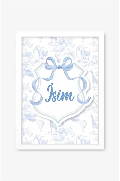 neşeli günlerim İsme Özel Mavi Fiyonklu Safari Beyaz Çerçeve 30x40 cm Tablo, Hastane Odası Kapı Süsü, Çocuk Odası, D