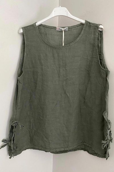AYASOFYA OTANTIK Women's Italian Khaki Green Round Neck Plain Pattern Sleeveless Zero Sleeve Loose Linen Blouse